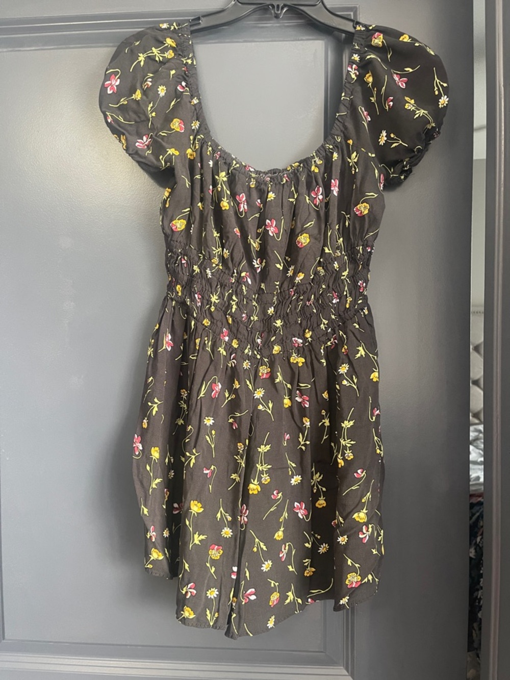 Urban Outfitters Black Floral Puff-Sleeve Romper with Yellow & Pink Blooms